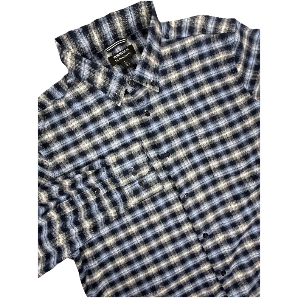 Nordstrom Shirt Men's XL Blue Trim Fit Tech Smart Plaid Stretch Flannel Classic